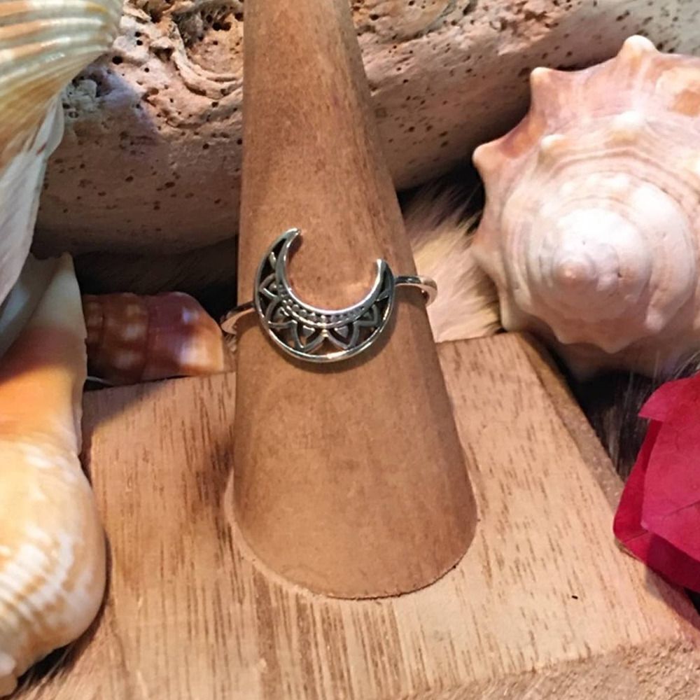 Boho Crescent Moon Filigree Sterling Silver Ring